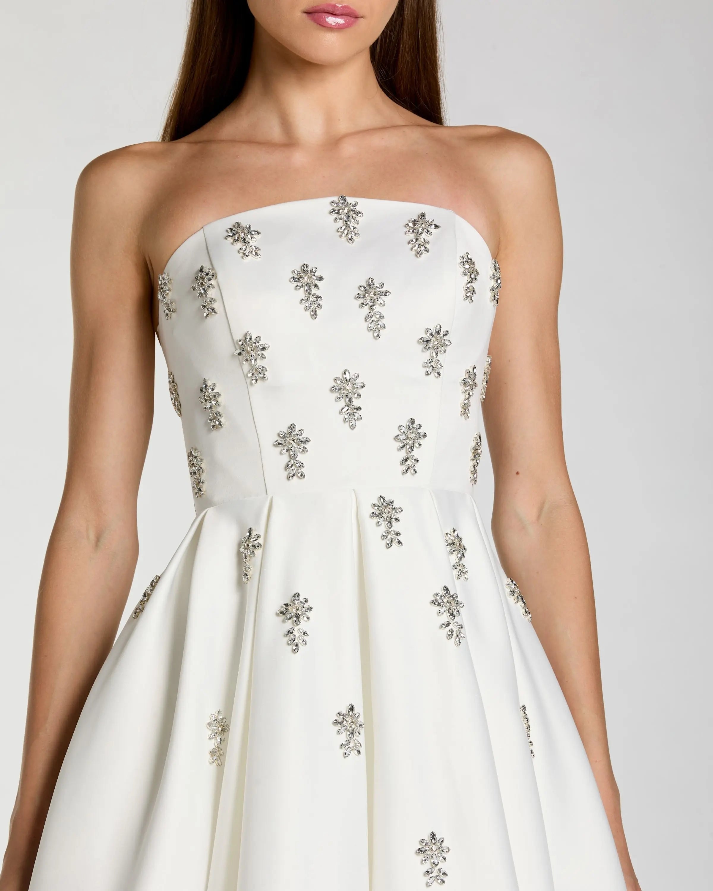 Mac Duggal #56199 ivory crystal embellished satin gown detail