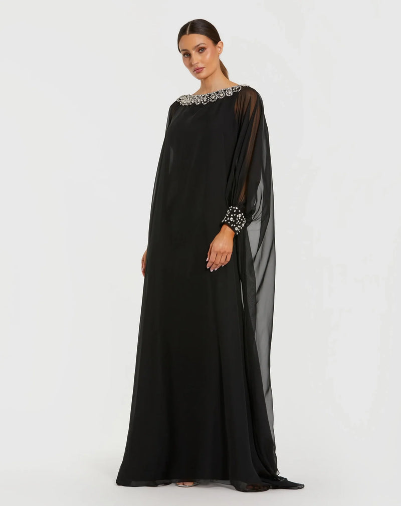 Mac Duggal Black Long Sleeve Embellished Chiffon Kaftan Gown #56203