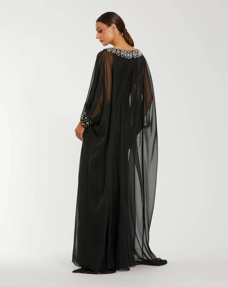 Mac Duggal Black Long Sleeve Embellished Chiffon Kaftan Gown #56203