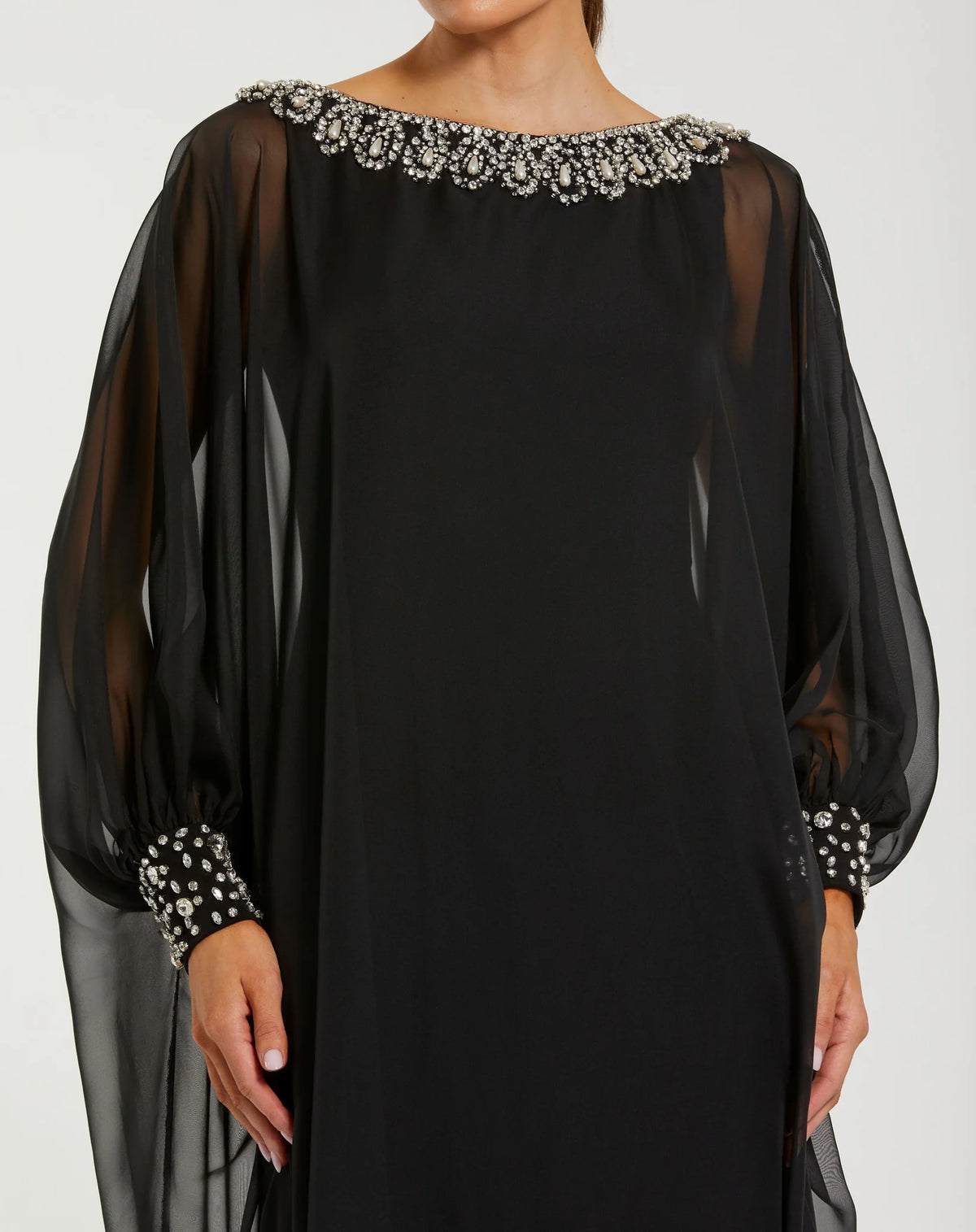 Mac Duggal Black Long Sleeve Embellished Chiffon Kaftan Gown #56203