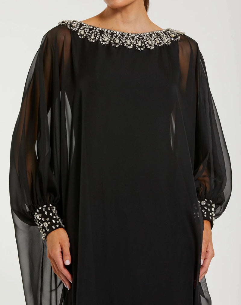 Mac Duggal Black Long Sleeve Embellished Chiffon Kaftan Gown #56203