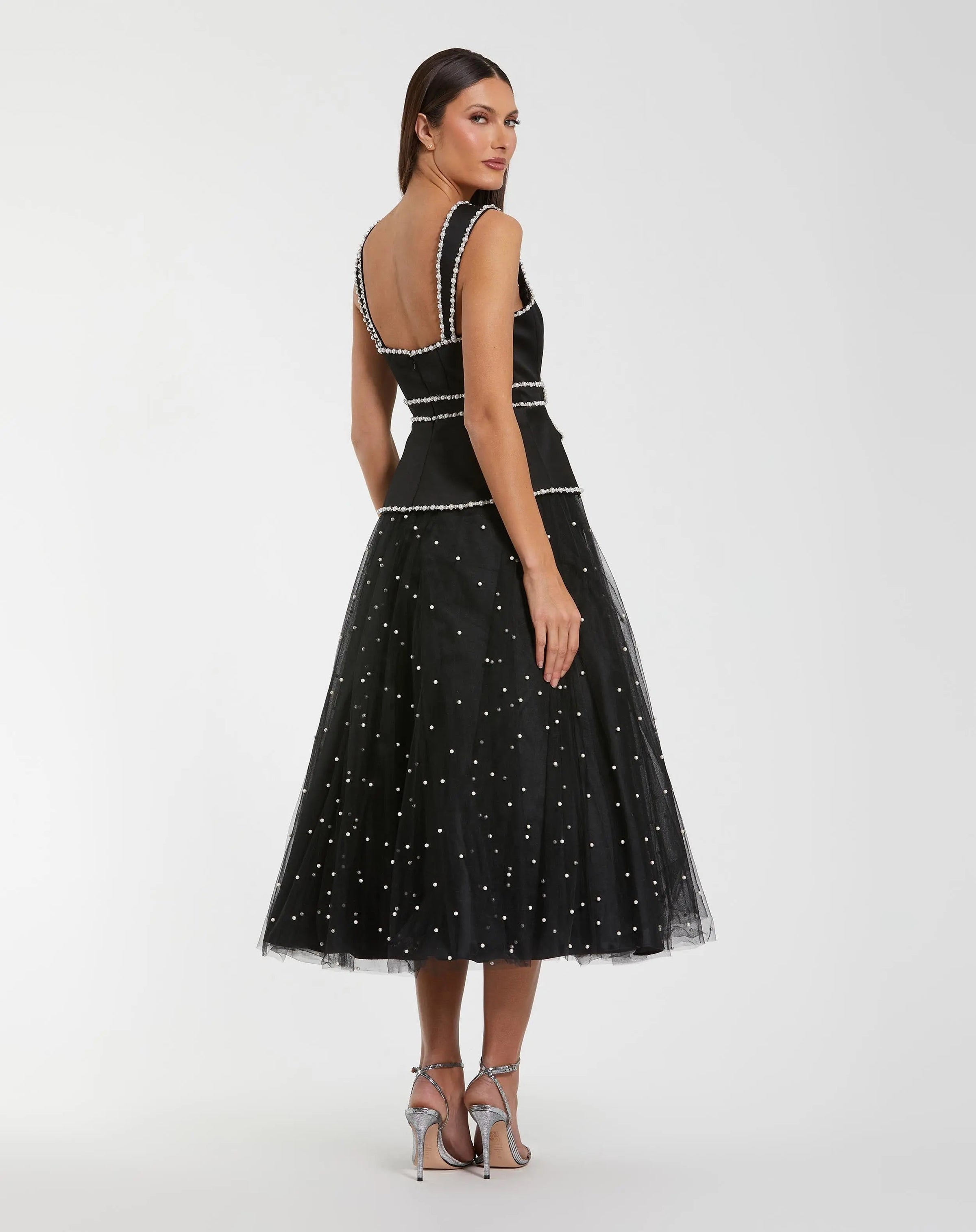 Black Sleeveless Embellished Crepe And Tulle Midi Dress - Back