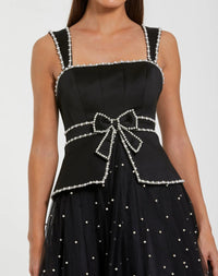 Black Sleeveless Embellished Crepe And Tulle Midi Dress - Close Up
