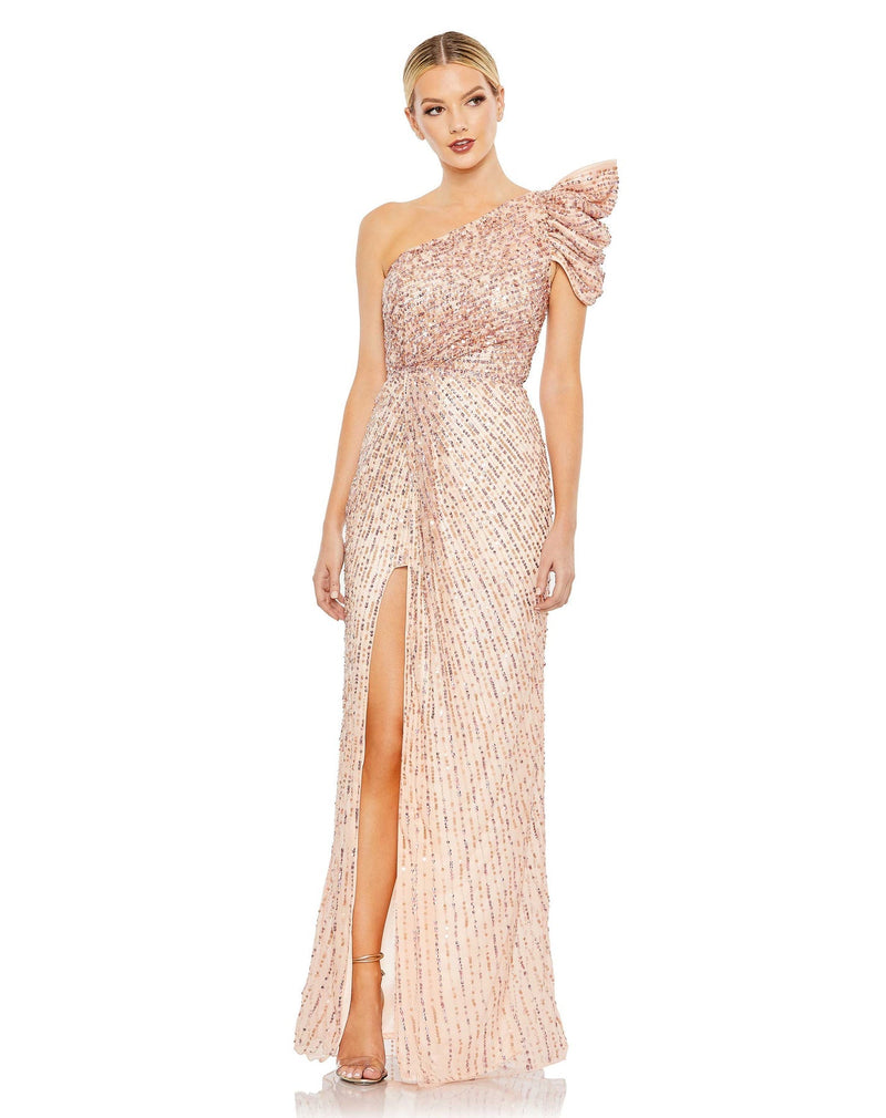 Mac Duggal Style #5622 Embellished puff one shoulder gown - Apricot