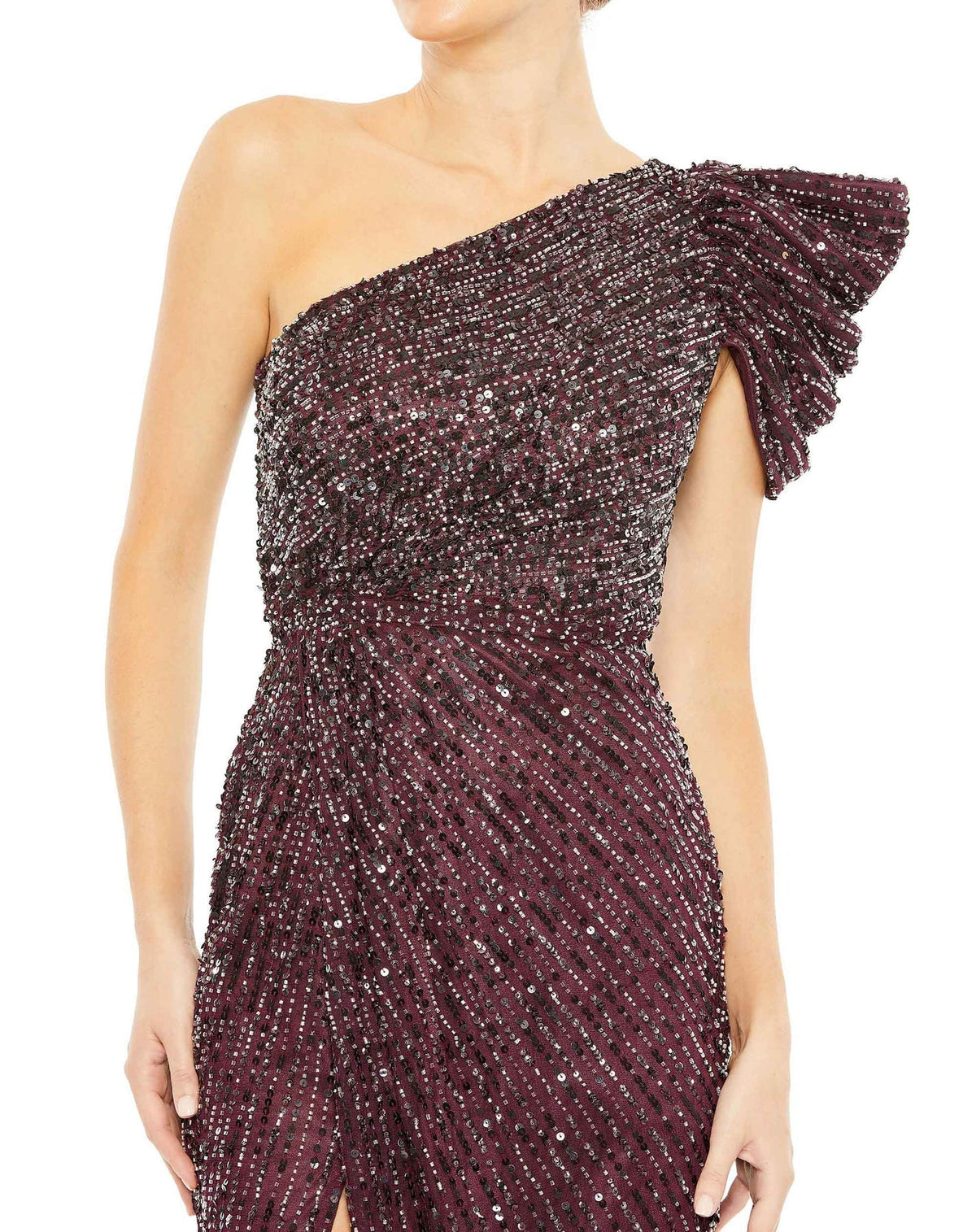Mac Duggal Style #5622 Embellished puff one shoulder gown - Blackberry close up