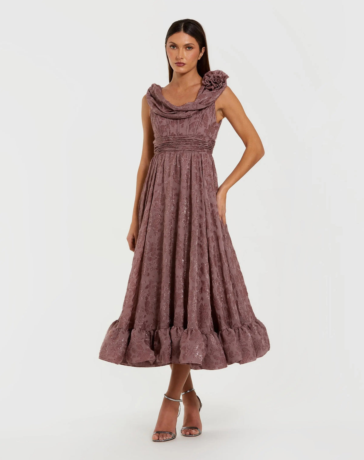 Mac Duggal #56223 mauve mauve sleeveless cowl neck chiffon midi dress