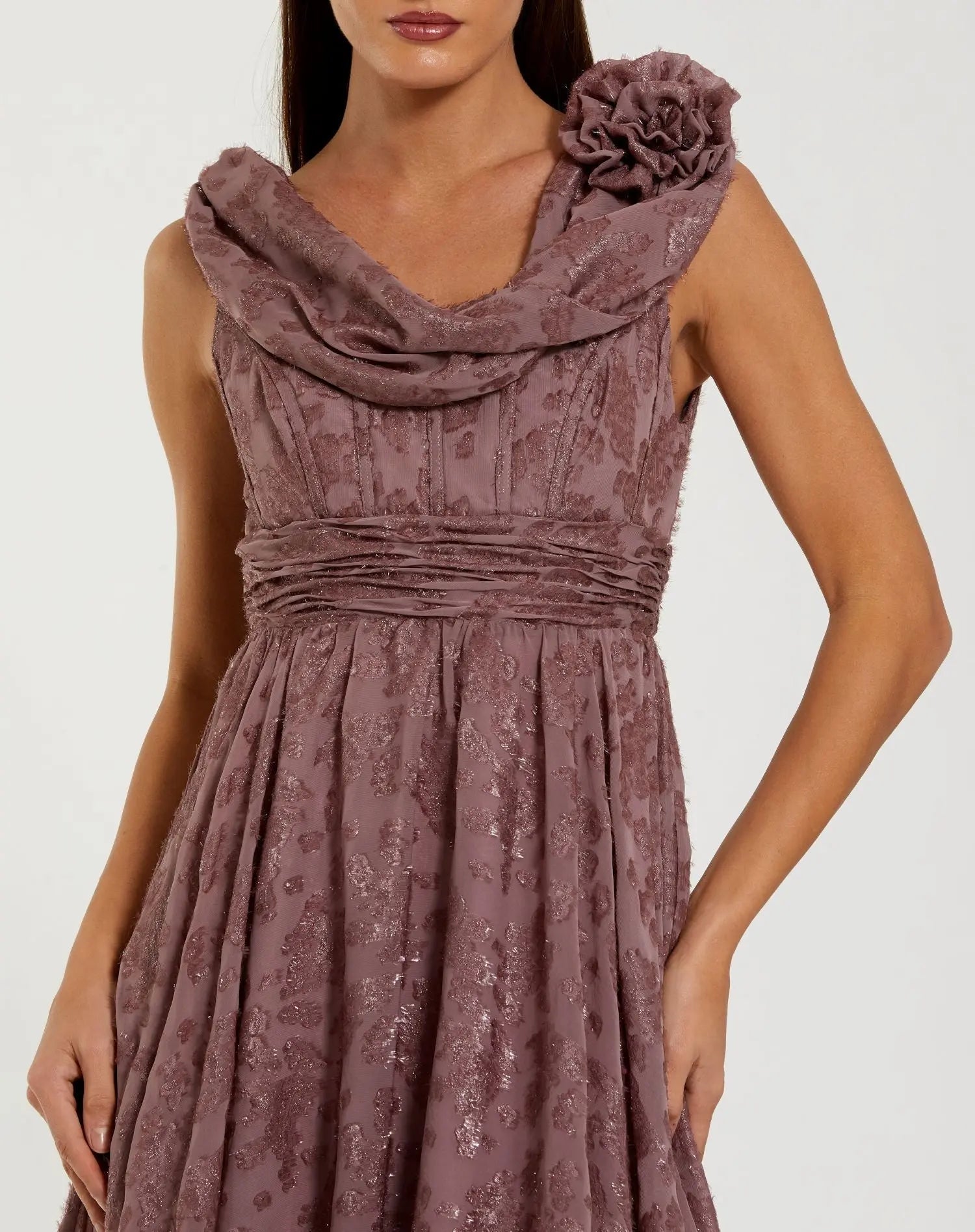 Mac Duggal #56223 mauve mauve sleeveless cowl neck chiffon midi dress