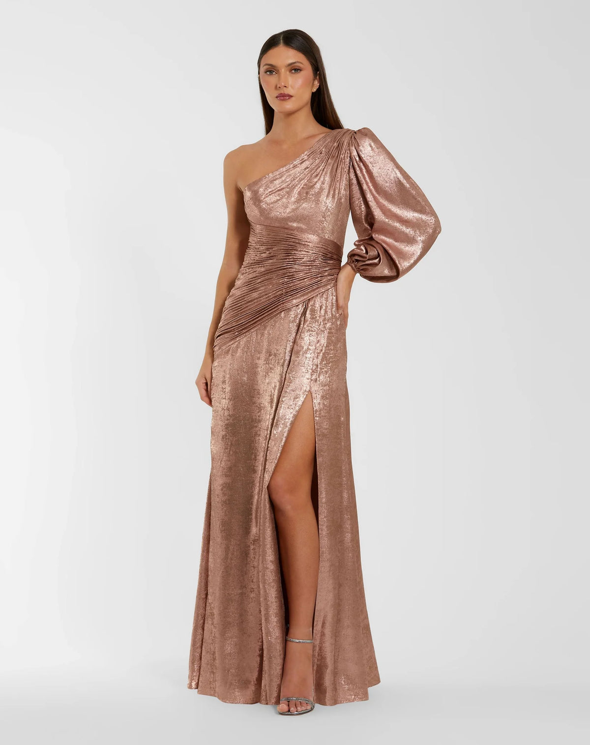 Mac Duggal #56226 Rose Gold Metallic One Sleeve A Line Gown