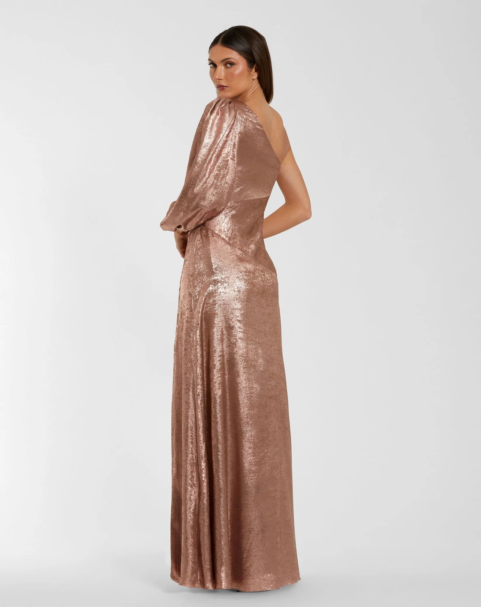 Mac Duggal #56226 Rose Gold Metallic One Sleeve A Line Gown side view