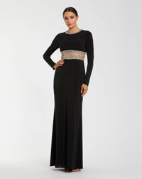 Mac Duggal #56229 black long sleeve gown with embellished cut out