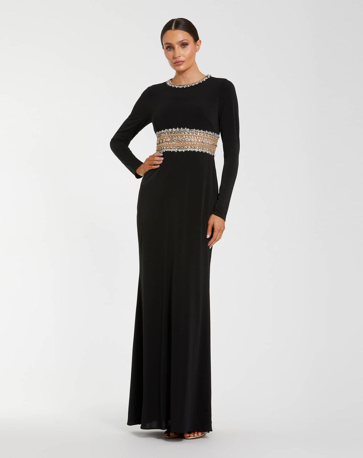 Mac Duggal #56229 black long sleeve gown with embellished cut out