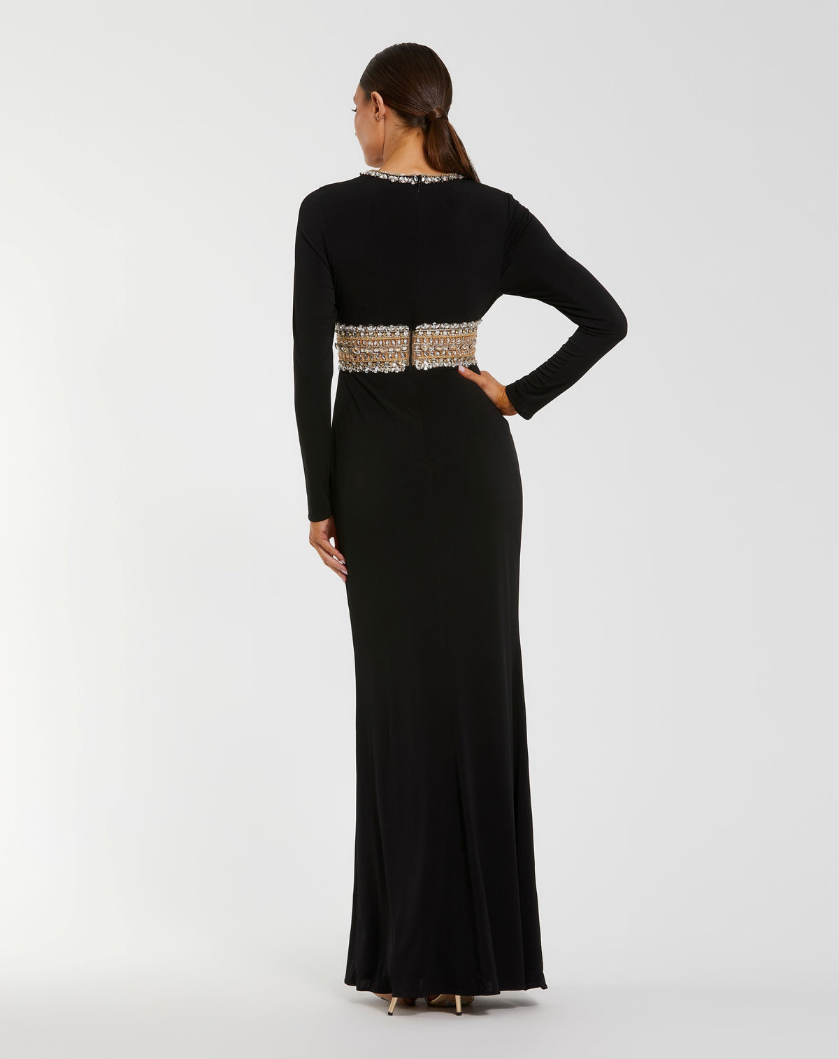 Mac Duggal #56229 black long sleeve gown with embellished cut out