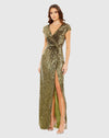 Mac Duggal #5623 Sequin faux wrap cap sleeve gown - Olive