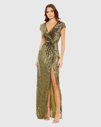 Mac Duggal #5623 Sequin faux wrap cap sleeve gown - Olive