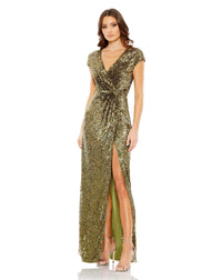 Mac Duggal Style #5623 Sequin faux wrap cap sleeve gown - Olive