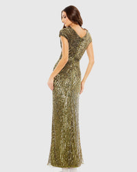 Sequin faux wrap cap sleeve gown - Olive