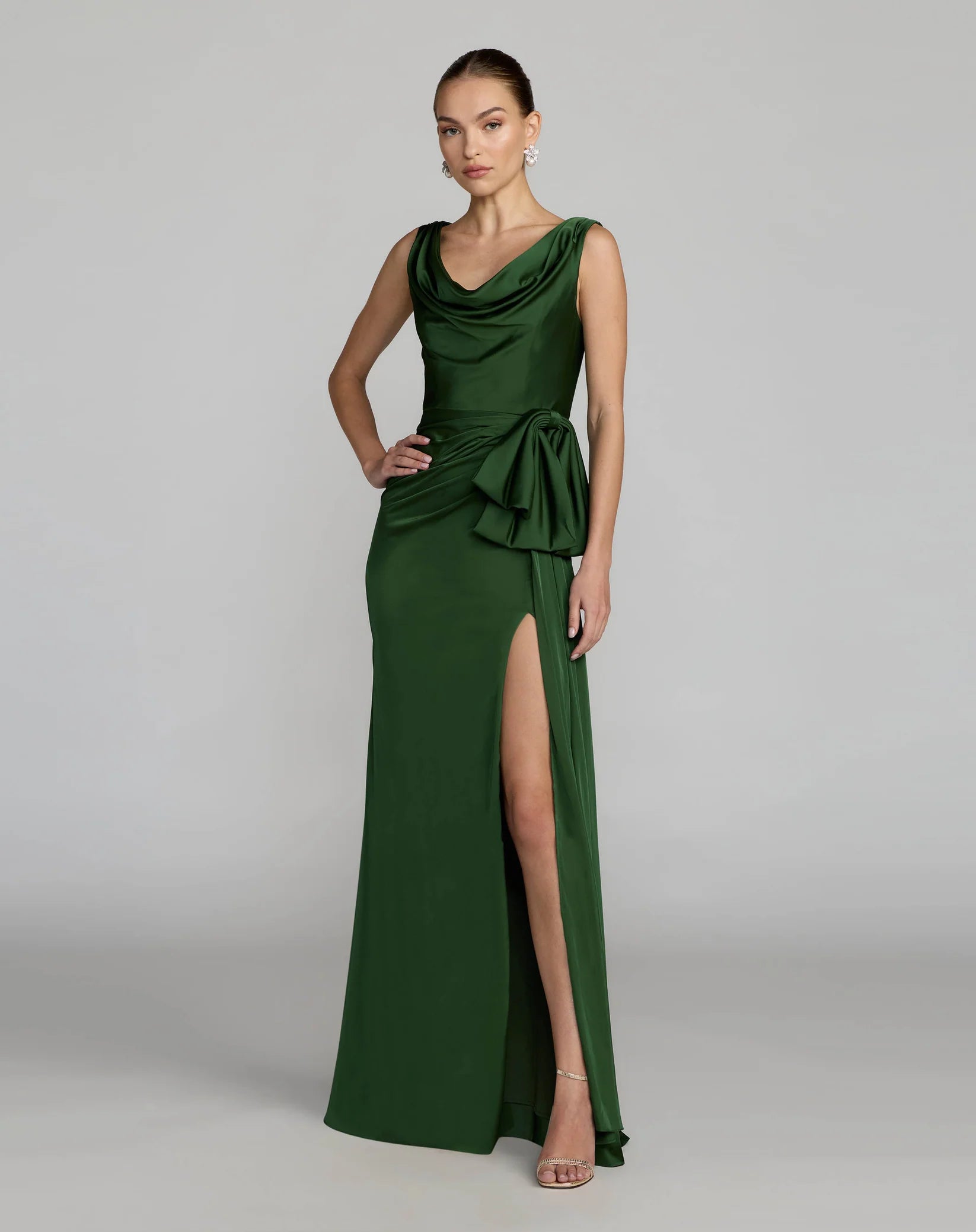 Mac Duggal #56230 Emerald Green Draped Cowl Neck Gown with Side Slit