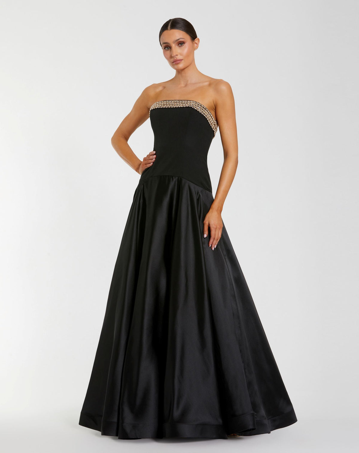 Mac Duggal #56231 black strapless crepe bodice gown with satin skirt