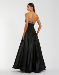 Mac Duggal #56231 black strapless crepe bodice gown with satin skirt back view