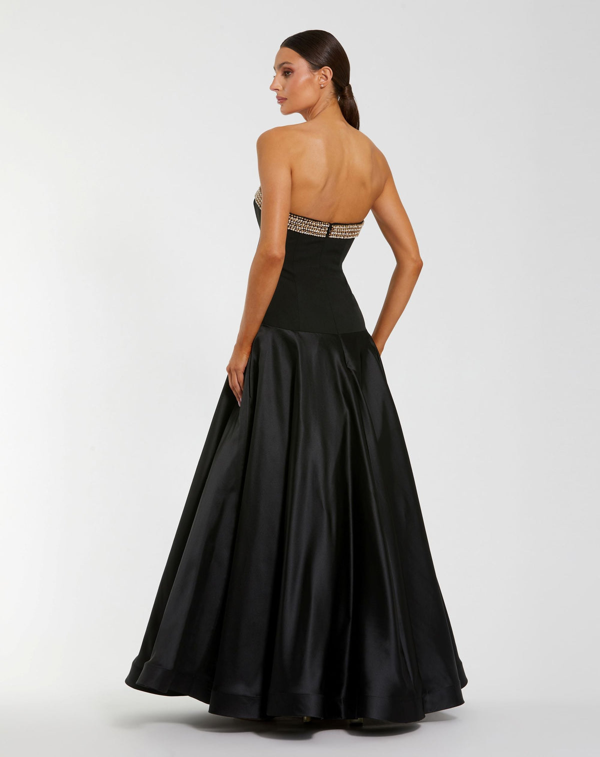 Mac Duggal #56231 black strapless crepe bodice gown with satin skirt back view