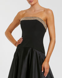 Mac Duggal #56231 black strapless crepe bodice gown with satin skirt close-up