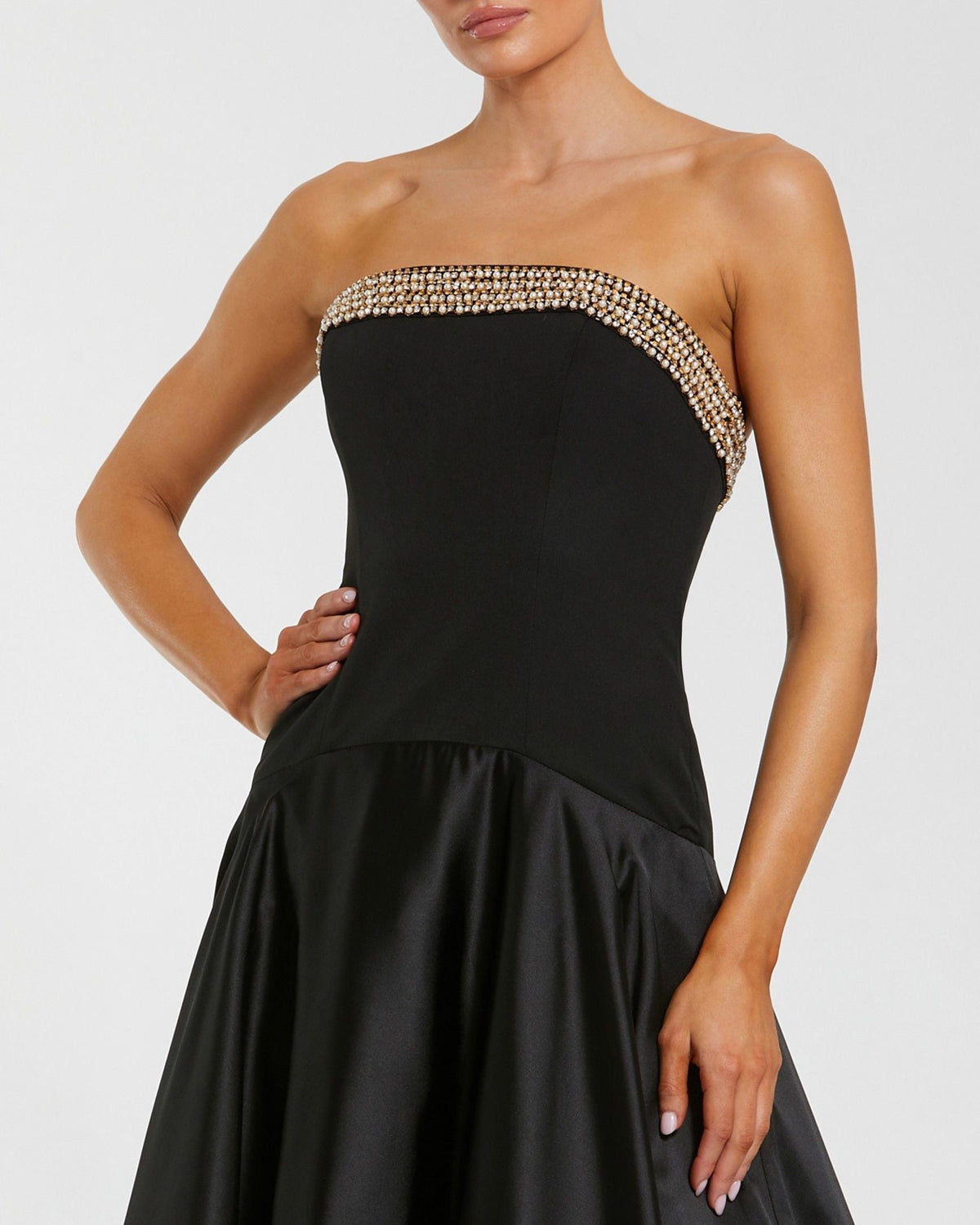 Mac Duggal #56231 black strapless crepe bodice gown with satin skirt close-up