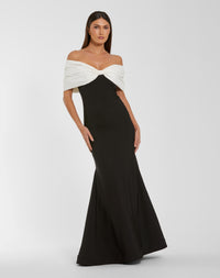 Mac Duggal #56232 black ivory off the shoulder mermaid gown with bow