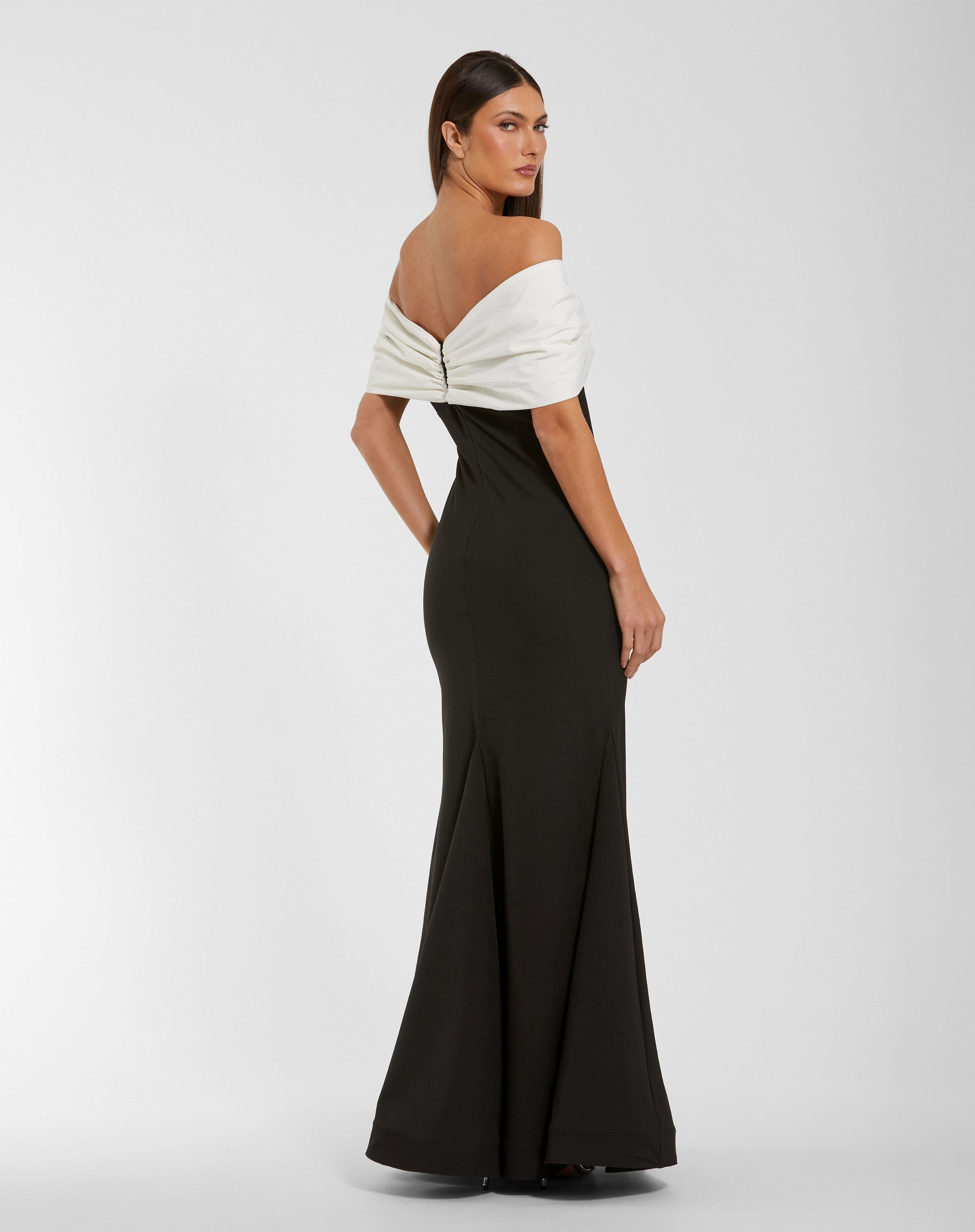 Mac Duggal #56232 black ivory mermaid gown back view
