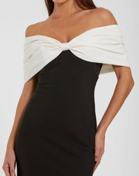 Mac Duggal #56232 black ivory gown bow neckline detail
