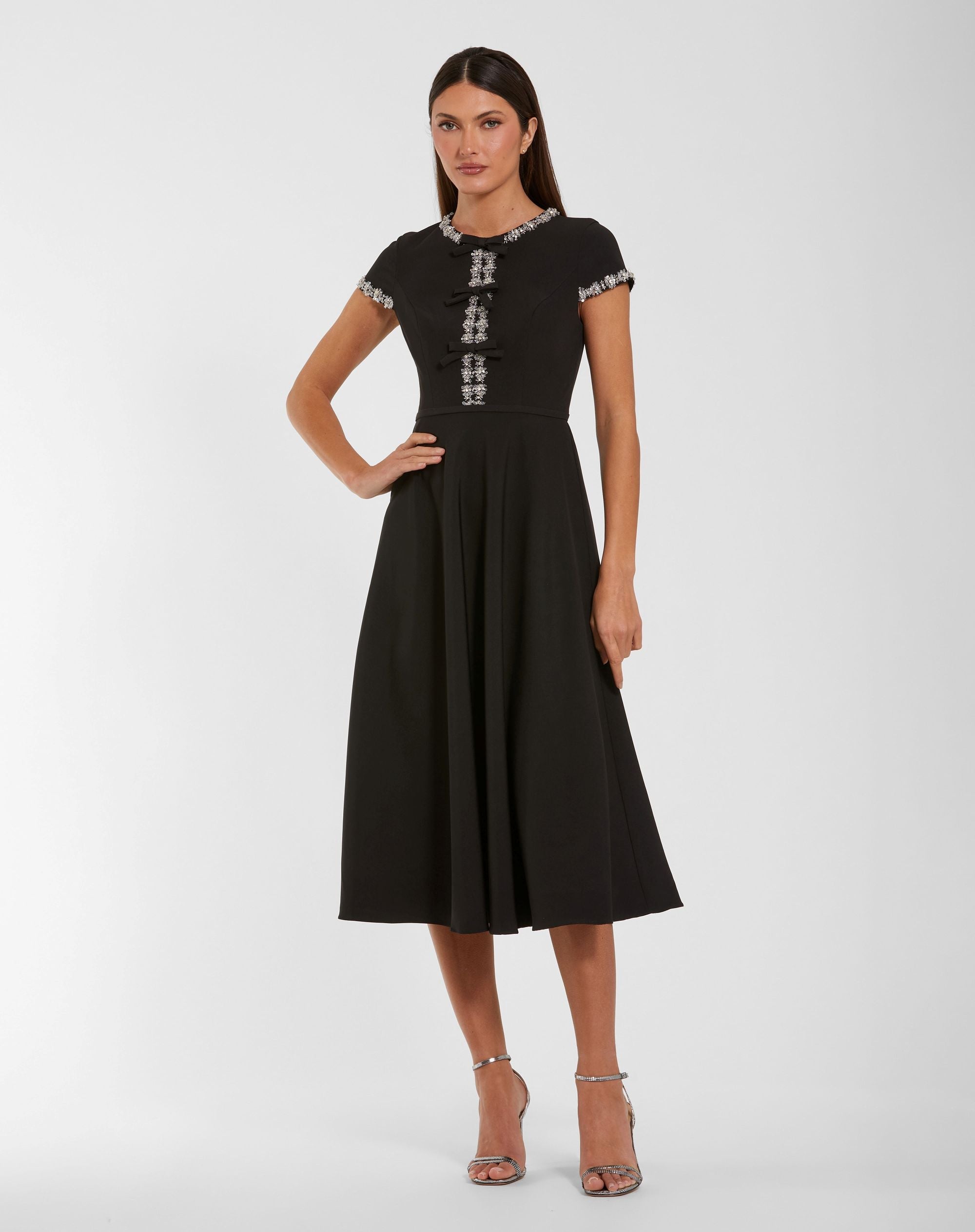 Black Embellished Crepe Cap Sleeve Midi Dress
