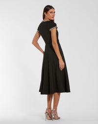 Black Embellished Crepe Cap Sleeve Midi Dress - Back