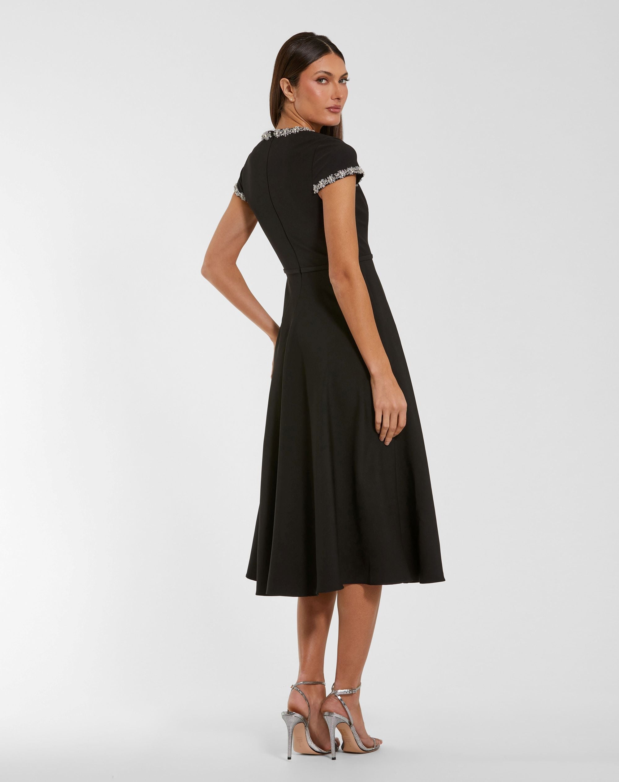 Black Embellished Crepe Cap Sleeve Midi Dress - Back