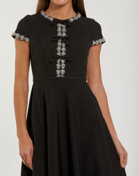 Black Embellished Crepe Cap Sleeve Midi Dress - Close Up