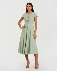 Mac Duggal 56242 Sage embellished crepe cap sleeve midi dress - Front