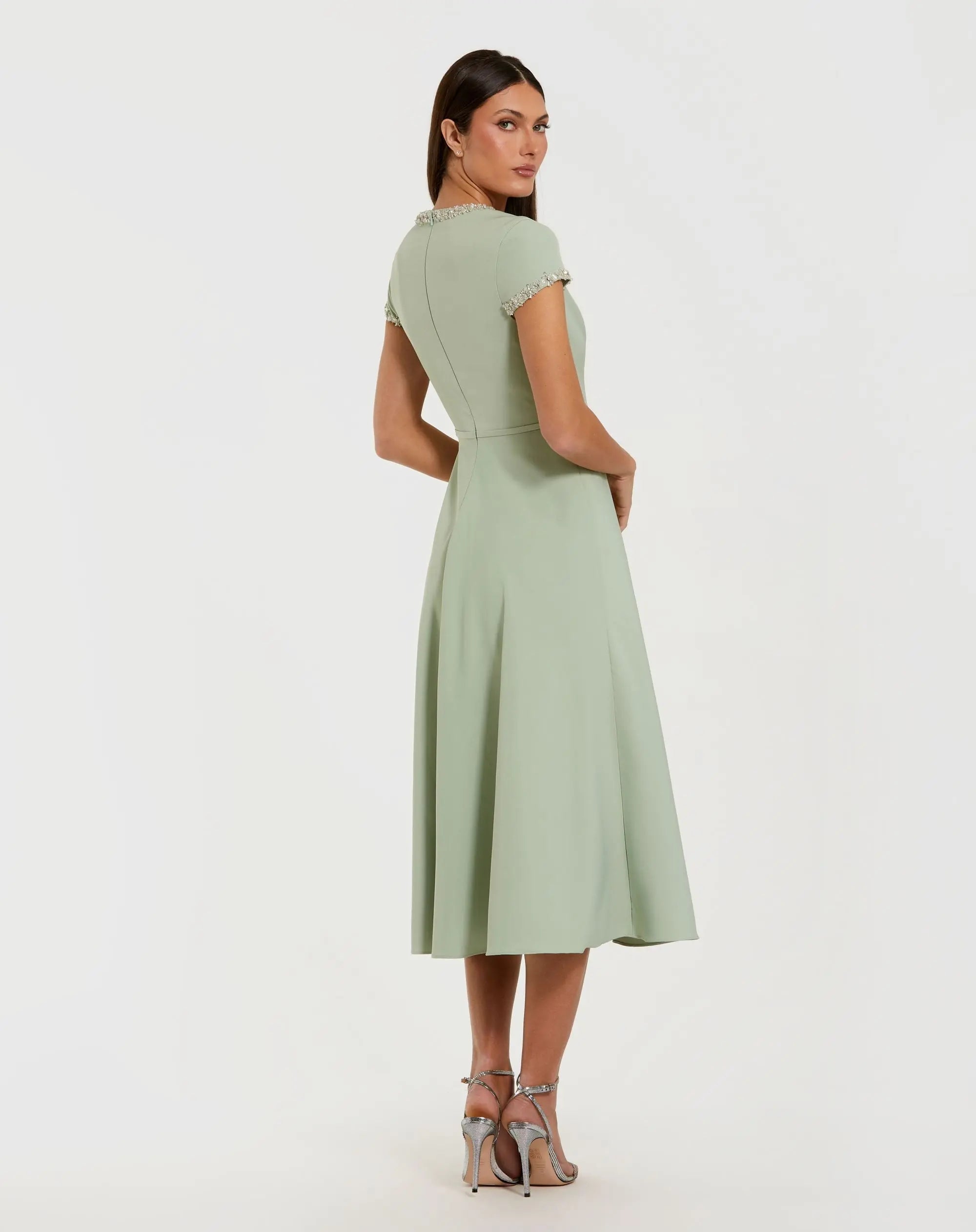 Mac Duggal 56242 Sage embellished crepe cap sleeve midi dress - Back view