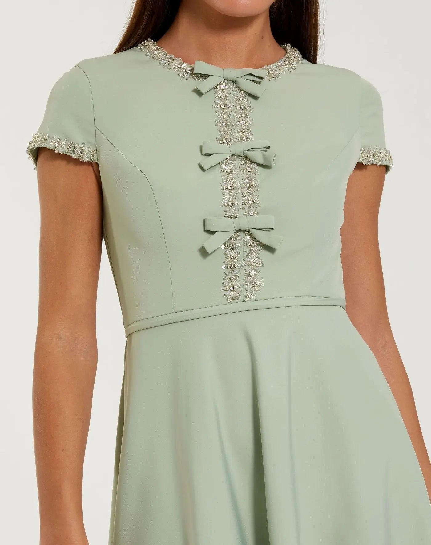 Mac Duggal 56242 Sage embellished crepe cap sleeve midi dress - Close up detail