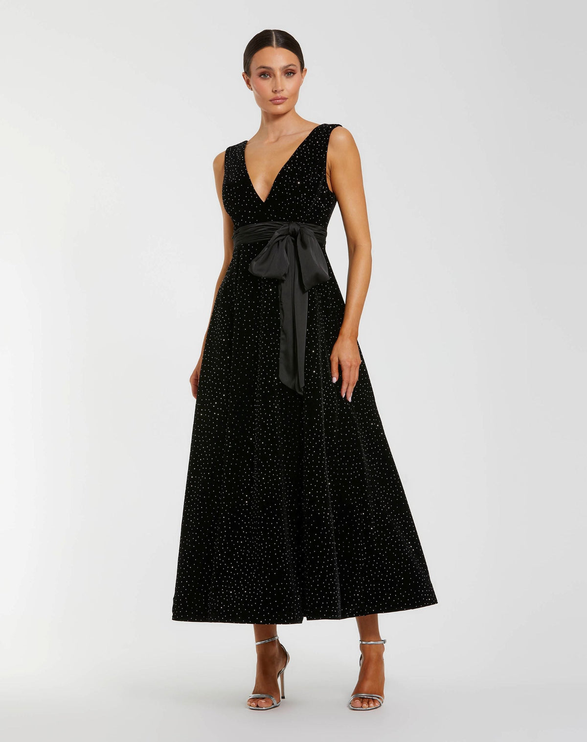 Mac Duggal #56244 black embellished velvet midi dress with bow