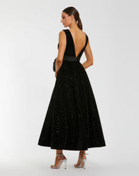 Mac Duggal #56244 black embellished velvet midi dress with bow back view