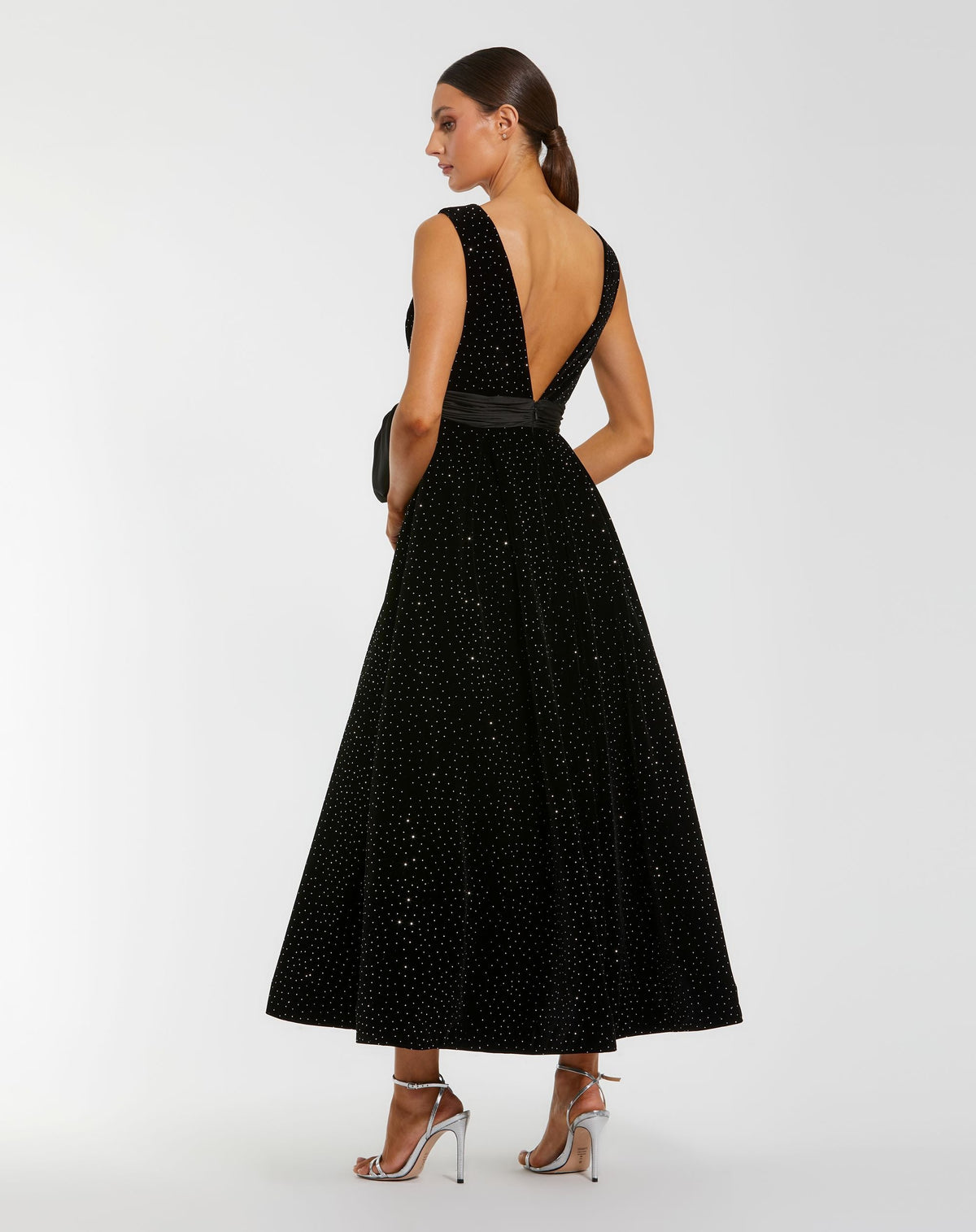 Mac Duggal #56244 black embellished velvet midi dress with bow back view