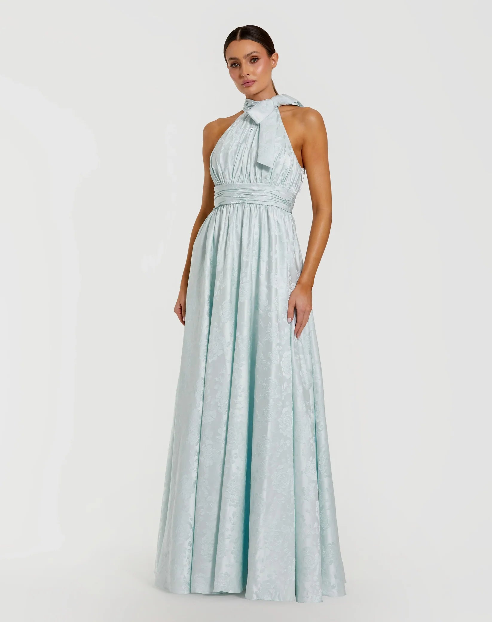 Mac Duggal Powder Blue Brocade Tie Neck Sleeveless A Line Gown #56246