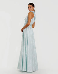 Mac Duggal Powder Blue Brocade Tie Neck Sleeveless A Line Gown #56246