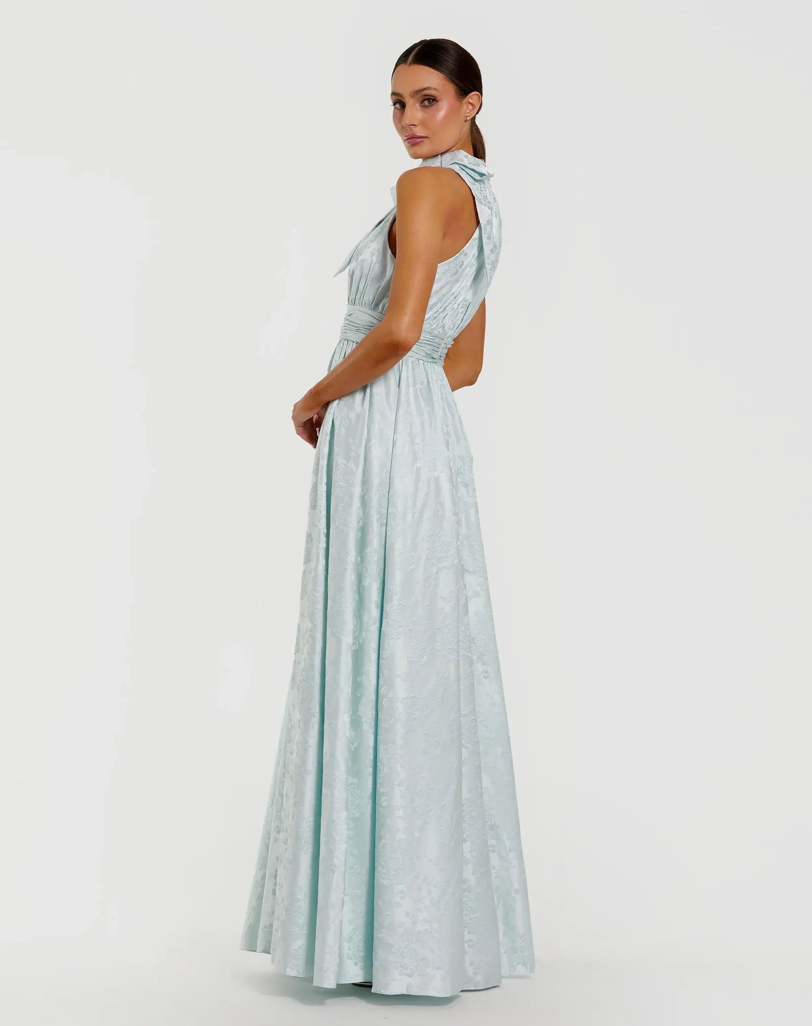 Mac Duggal Powder Blue Brocade Tie Neck Sleeveless A Line Gown #56246