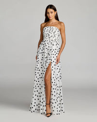 Mac Duggal White Polka Dot Strapless Viscose Gown With Slit #56248 Black Ivory