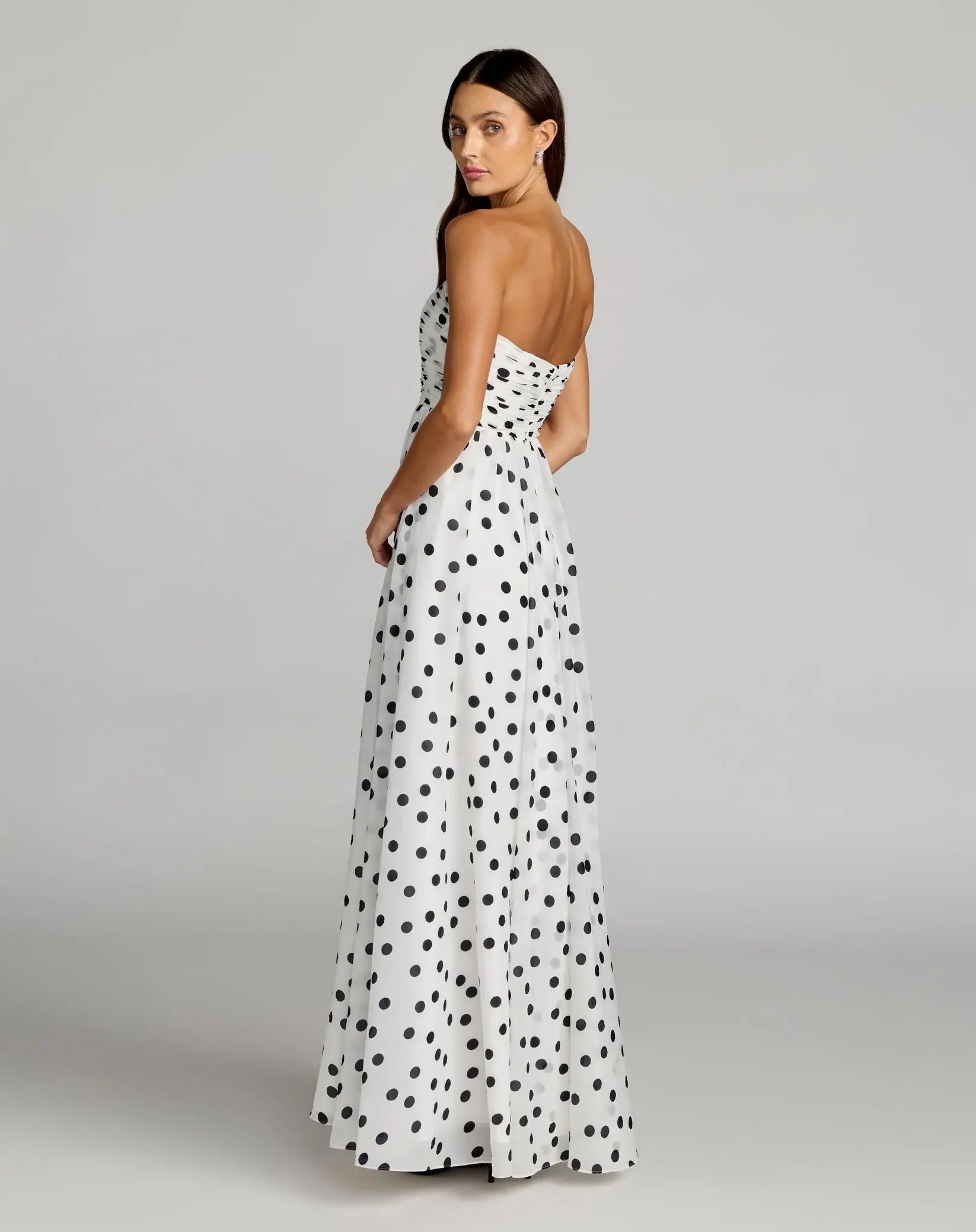 Mac Duggal White Polka Dot Strapless Viscose Gown With Slit #56248 Black Ivory