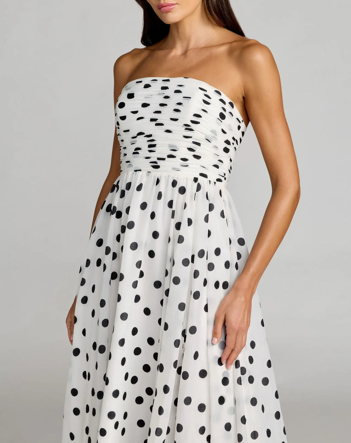 Mac Duggal White Polka Dot Strapless Viscose Gown With Slit #56248 Black Ivory