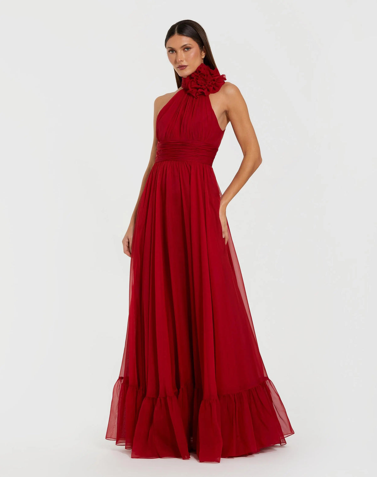 Mac Duggal #56254 deep red halter neck chiffon gown with 3D flower
