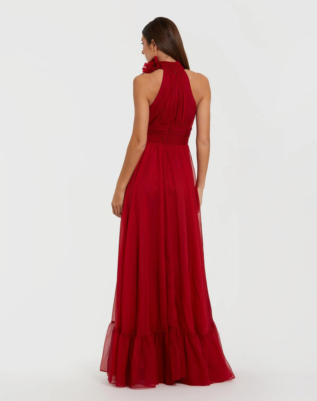 Mac Duggal #56254 deep red chiffon gown back view