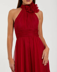 Mac Duggal #56254 deep red 3D floral applique close-up