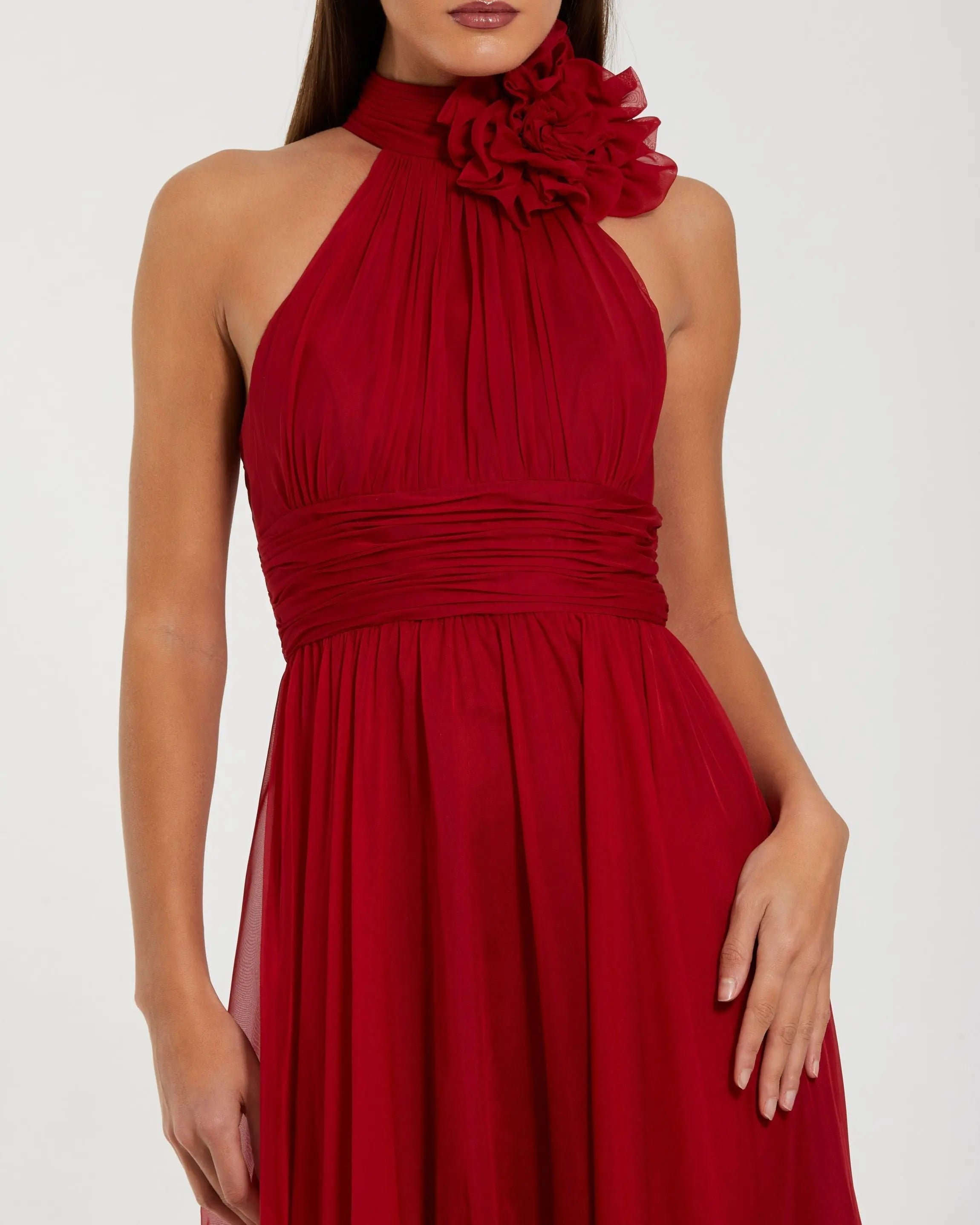 Mac Duggal #56254 deep red 3D floral applique close-up