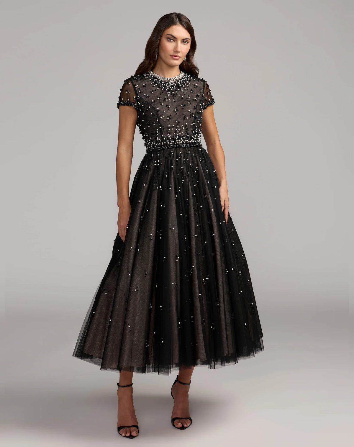 Mac Duggal 56255 Black Ivory pearl beaded tulle tea length dress - front